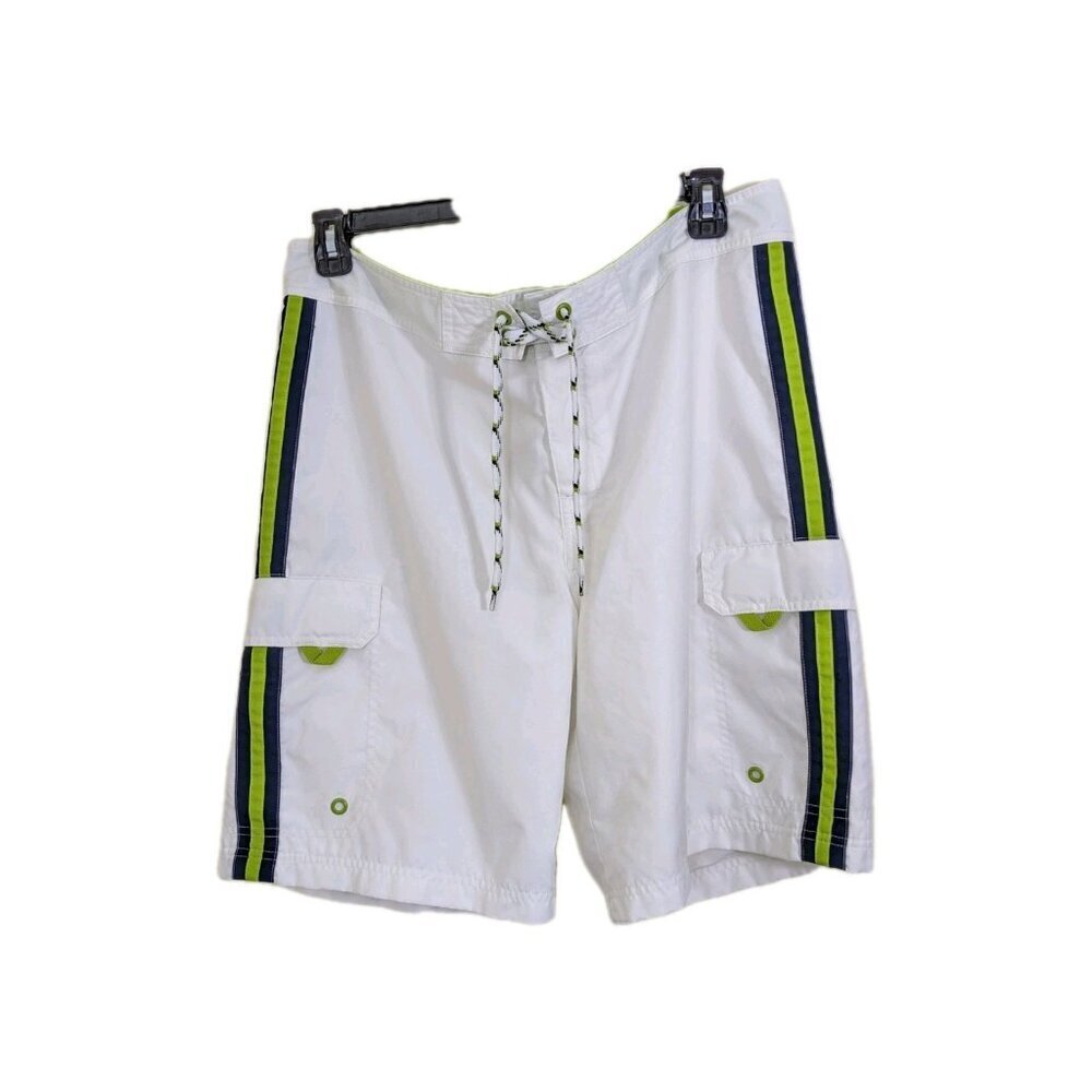 Vintage Old Navy Mens White Board Swim Shorts Size L Black Green Stripes Cargo